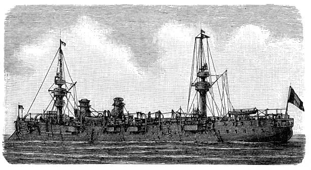 ilustrações, clipart, desenhos animados e ícones de cruzador protegido com torre de barbet - etching sailing ship passenger ship sea