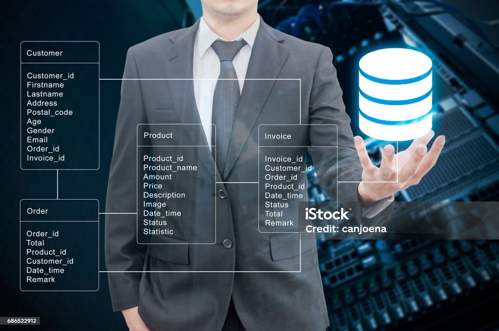 Double exposure of professional businessman hold Database table with server storage and network in datacenter background Internet Stock Photo