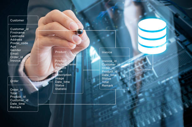 istock Double exposure of professional businessman system analysis design and drawing database table with futuristic background 686525364