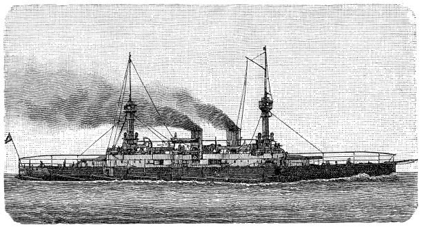 ilustrações de stock, clip art, desenhos animados e ícones de modern protected cruiser - etching sailing ship passenger ship sea