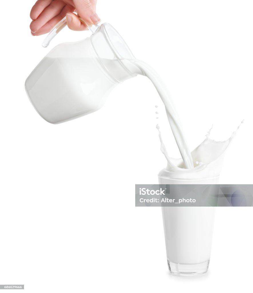 pouring milk with splashes milk from jug pouring into glass isolated on white background. Splashes of milk from the glass. Pouring milk Milk Stock Photo