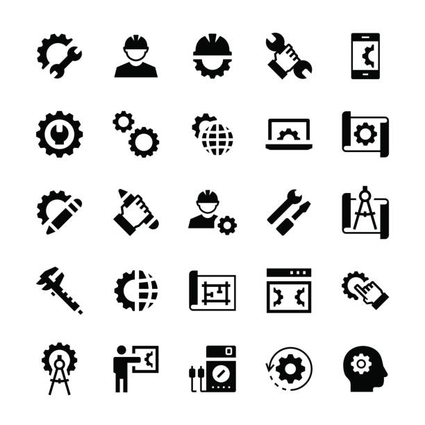 Engineering and manufacturing icon set in flat style. Vector symbols. Engineering and manufacturing icon set in flat style. Vector symbols. blueprint icons stock illustrations