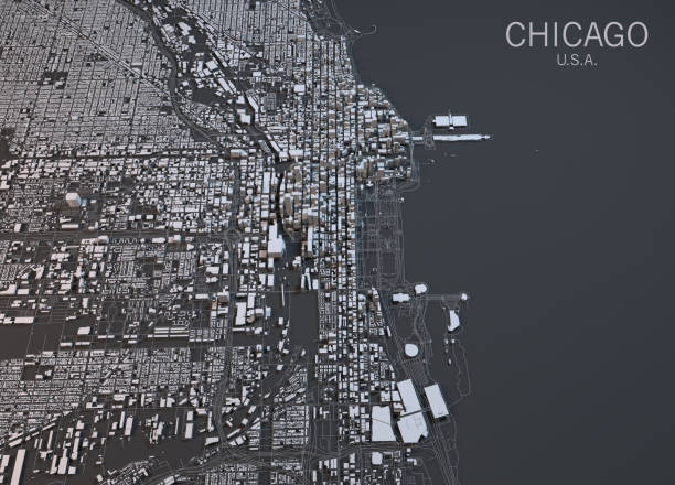 mappa di chicago, vista satellitare, città, stati uniti - chicago aerial foto e immagini stock