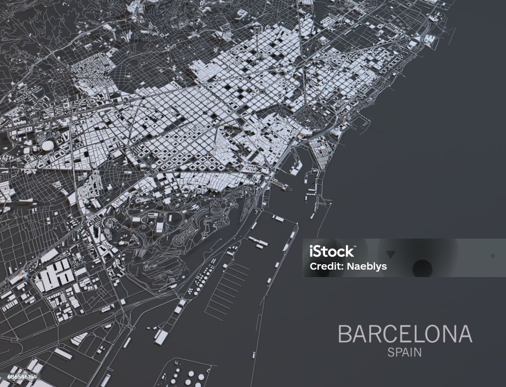 바르셀로나 위성 보기 도시 스페인의 지도 바르셀로나-스페인에 대한 스톡 사진 및 기타 이미지 - 바르셀로나-스페인, 지도, 공중 뷰 -  Istock