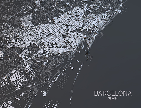 Map of  Barcellona satellite view, city, Spain. 3d rendering