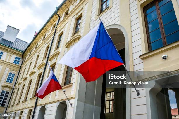 State Flags Of The Czech Republic At The Entrance To The Building Of The President Of The Czech Republic Stock Photo - Download Image Now