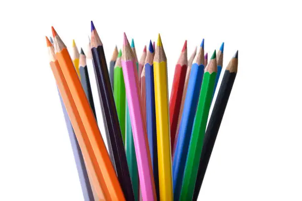 High resolution image of multi colored pencils on white background shot in studio