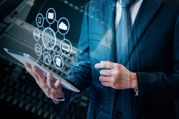 istock Double exposure of asian business man using tablet connected internet network and devices, concept of technology 686552342