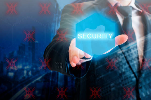 istock Double exposure of professional businessman touching security hexagonal polygon button on a digital interface and city of business background to protection virus attack in business and security technology choices concept 686553464