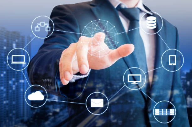 istock Double exposure of professional businessman touch on screen connected devices with world digital technology internet and wireless network and city of business background in business and technology concept 686553602