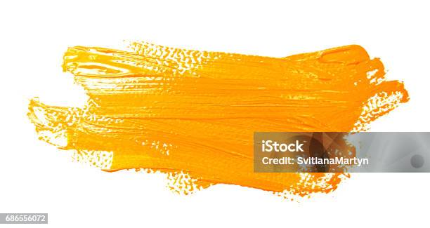 Yellow Strokes Of The Paint Brush Isolated Stock Photo - Download Image Now - Paintbrush, Crude Oil, Orange Color