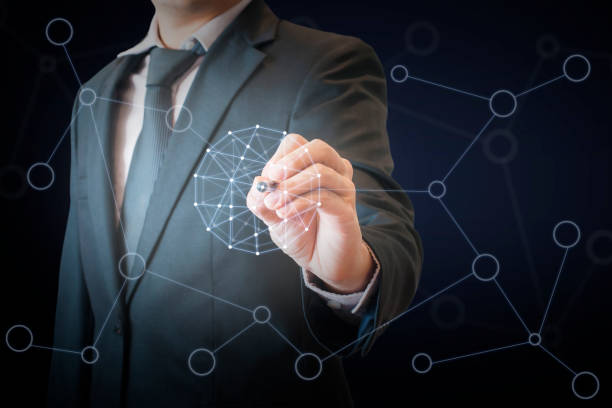 istock Double exposure of professional businessman touching virtual screen on a digital interface to connect world network in business and technology concept 686558066