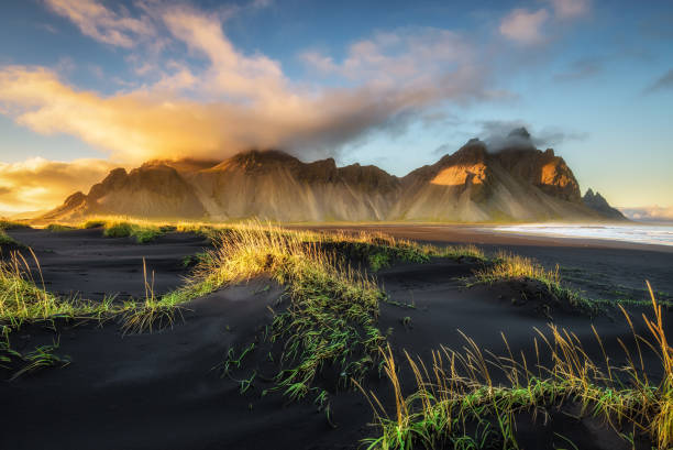 istock Sunset above  Vestrahorn and its black sand beach in Iceland 686562702