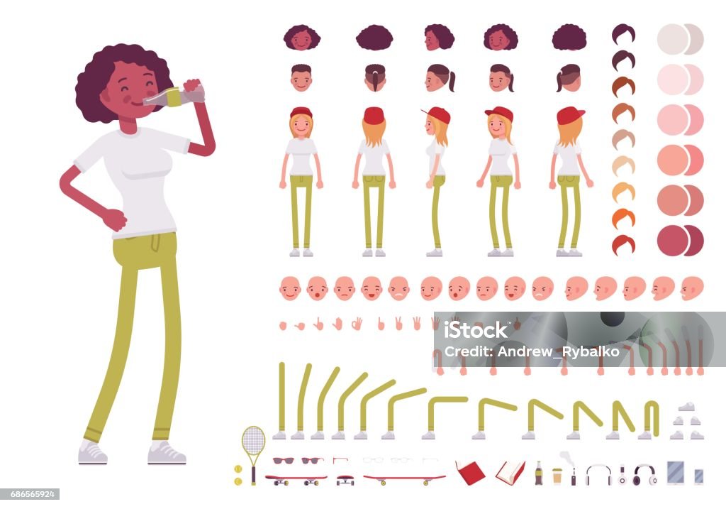 Teenager girl character creation set Teenager girl character creation set. Full length, different views, emotions, gestures, isolated against white background. Build your own design. Cartoon flat-style infographic illustration Characters stock vector