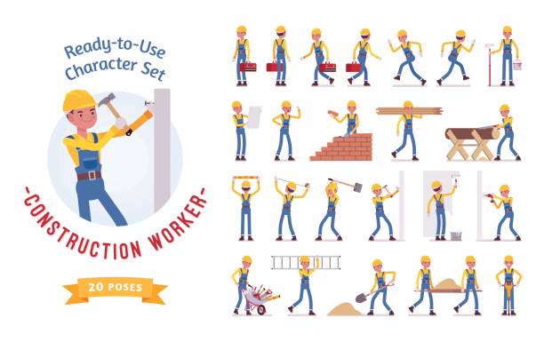 Ready-to-use young male worker character set, various poses and emotions Ready-to-use character set. Young male worker in blue overall, Various poses and emotions, running, standing, walking, working. Full length, front, rear view isolated, white background construction workers stock illustrations