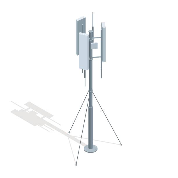 illustrazioni stock, clip art, cartoni animati e icone di tendenza di torri di telecomunicazioni isometriche. illustrazione piatta del vettore antenna ripetitore di comunicazione del telefono cellulare. - tower isometric communications tower antenna