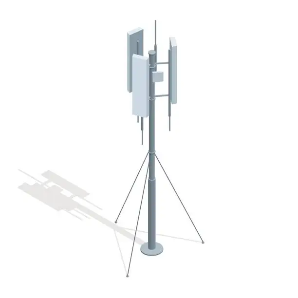 Vector illustration of Isometric Telecommunications towers. A mobile phone communication repeater antenna vector flat illustration.