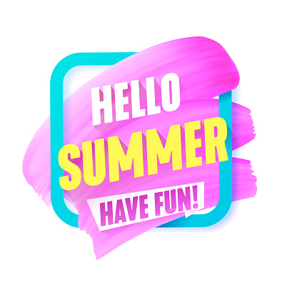 Hello Summer Pink smear in Frame vector label with text. Girly design banner, discount template.