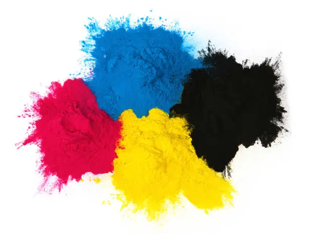 Color copier toner cyan magenta yellow, black isolated on white background