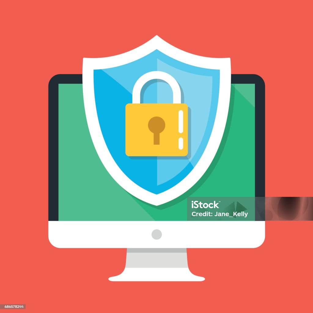 Computer security, protect your PC concepts. Desktop computer and shield icon with padlock. Flat design graphic elements. Modern vector illustration Computer security, protect your PC concepts. Desktop computer and shield icon with padlock. Flat design graphic elements for web banners, web sites, printed materials, etc. Modern vector illustration Data Breach stock vector