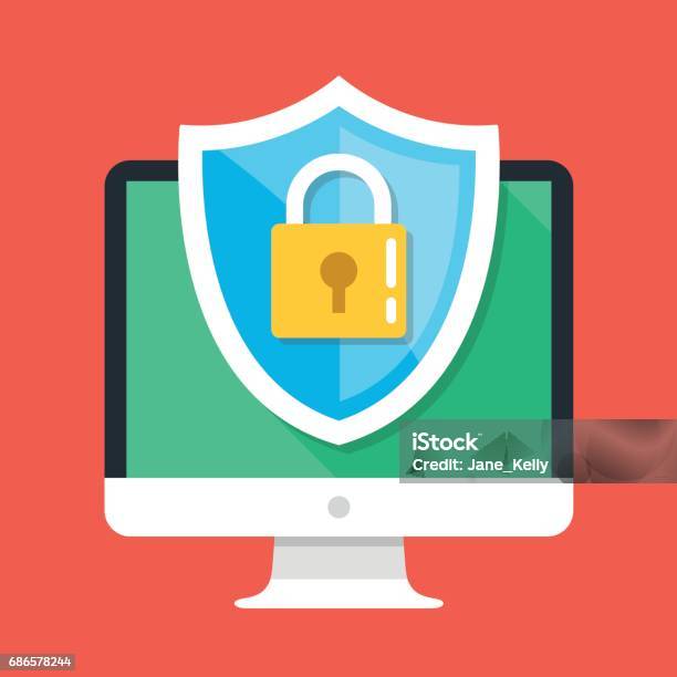 Computer Security Protect Your Pc Concepts Desktop Computer And Shield Icon With Padlock Flat Design Graphic Elements Modern Vector Illustration Stock Illustration - Download Image Now