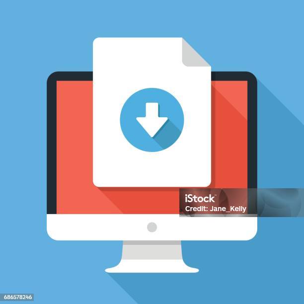 Document Download Button On Computer Screen Document Icon And Desktop Pc Downloading Files Concepts Graphic Elements Modern Flat Design Vector Illustration Stock Illustration - Download Image Now