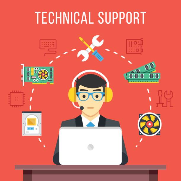 ilustrações de stock, clip art, desenhos animados e ícones de technical support. technical support engineer with headset at computer at work. flat icons, thin line icons set, flat design graphic elements, concepts. vector illustration - technician computer part it support work tool