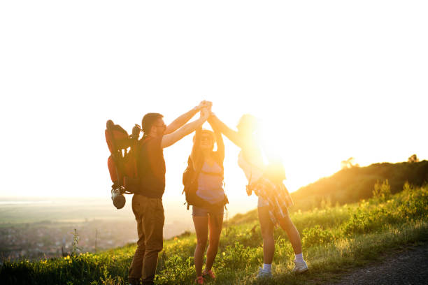 istock Group of backpackers hiking 686582566