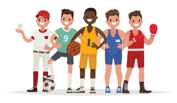 illustrations, cliparts, dessins animés et icônes de sports d’été. ensemble des joueurs de base-ball, basket-ball, football, lutte gréco-romaine et la boxe - greco roman