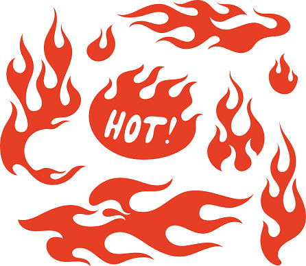 Red fire, old school flame elements, isolated vector illustration