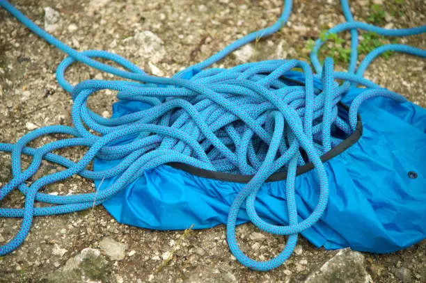 Photo of A twisted blue rope climbing rope