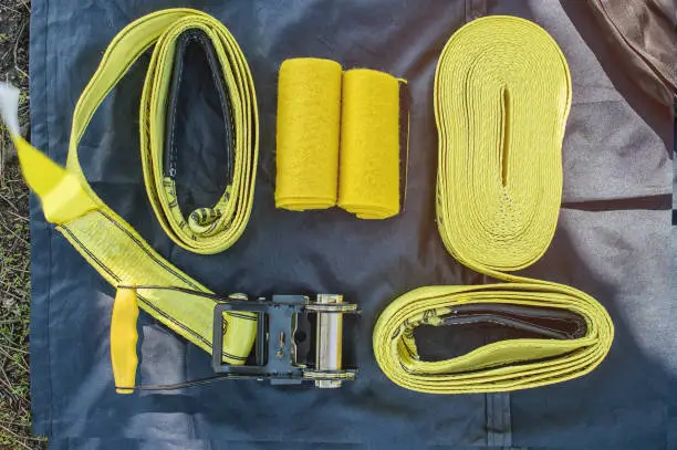 Photo of Equipment for slackline Slackline sling next to the machine and protection for the tree