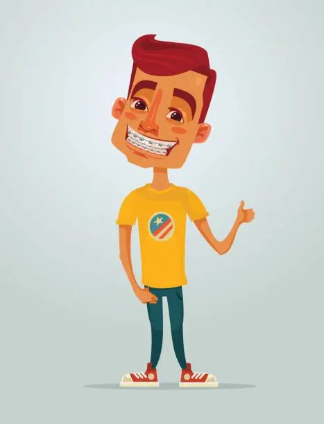 Vector illustration of Smiling happy little boy teen character with brackets system