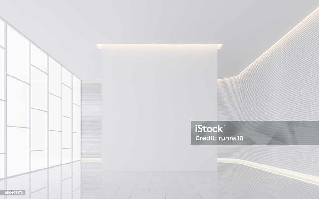 Empty white room modern space interior 3d rendering image Empty white room modern space interior 3d rendering image.A blank wall with pure white. Decorate wall with horizon line pattern and hidden light White Color Stock Photo