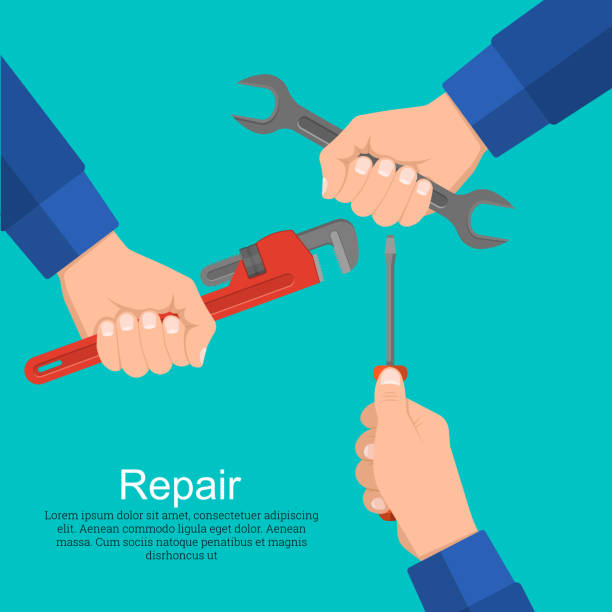 Hands hold a wrench Hands hold a wrench, the screw-driver, an adjustable spanner. Concept of repair and construction works. Technical service. A vector illustration in flat style. Design elements. hand wrench stock illustrations