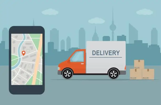 Vector illustration of Delivery van and mobile phone with map on city background.