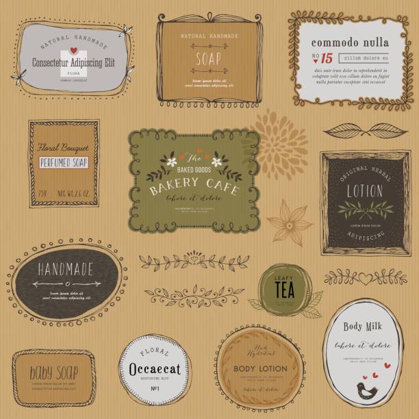 stockillustraties, clipart, cartoons en iconen met hand getekende etiketten - bruin papier