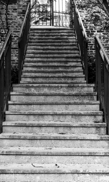 istock Old, stone stairs on side of building with wrought iron gate 686613872