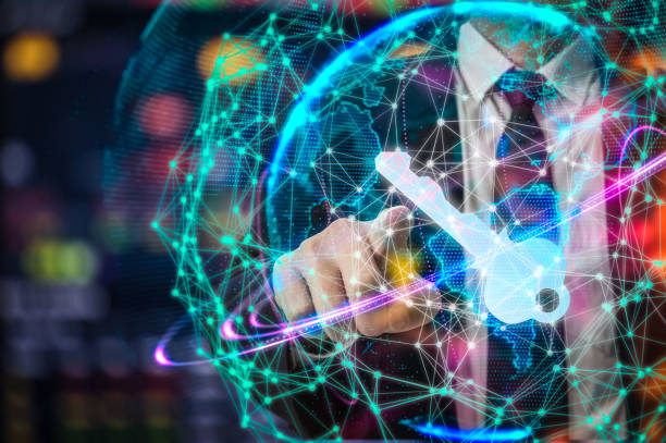 istock Cyber security concept businessman Lock on digital screen, contrast, virtual screen with a consultant doing presentation in the background Closed Padlock on digital, cyber security, key WannaCrypt 686620576