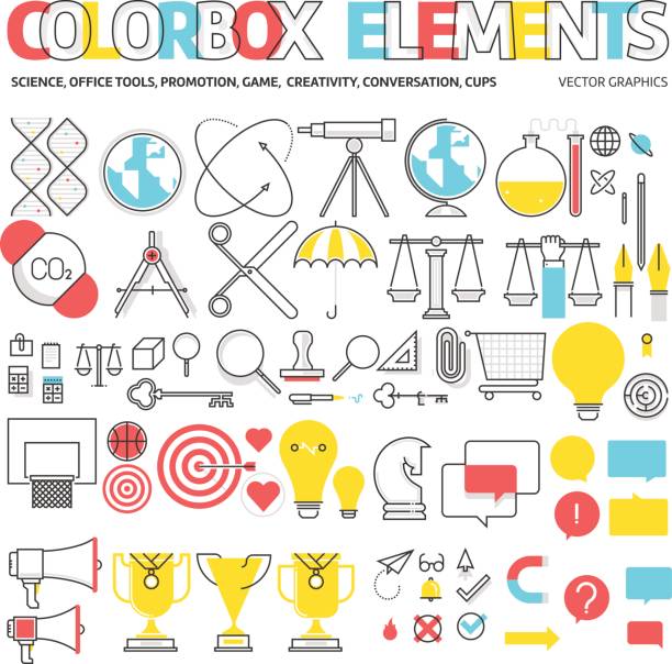 ilustrações de stock, clip art, desenhos animados e ícones de color box icons, elements graphics. - compass key globe earth