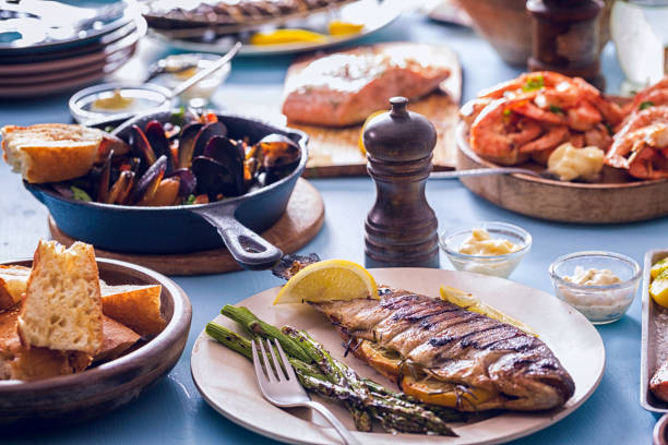 Variation Fish and Seafood Barbecue like  mussels, grilled fish, grilled salmon and prawns