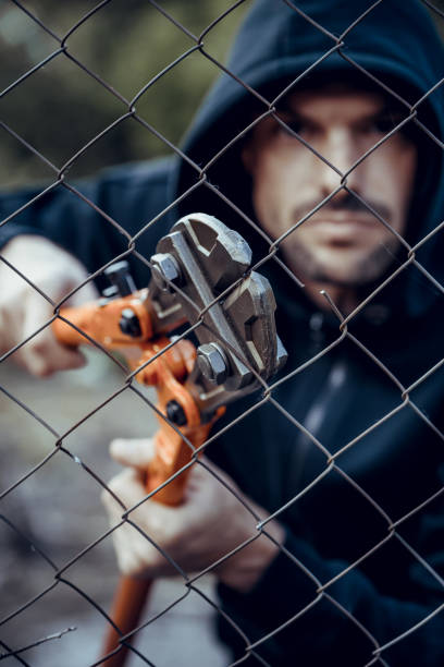 Thief Thief cutting grid fence. Focus on bolt cutter. bolt cutter stock pictures, royalty-free photos & images