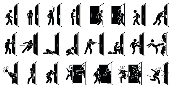 Cliparts depict various actions of a man with a door.