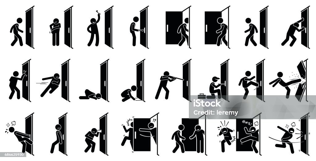Man and Door Pictogram. Cliparts depict various actions of a man with a door. Door stock vector