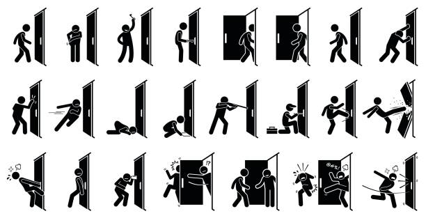 Man and Door Pictogram. Cliparts depict various actions of a man with a door. knocking on door stock illustrations