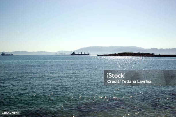 Strait Of Gibraltar With Two Ships From Spain Stock Photo - Download Image Now - Blue Sea Starfish, Cityscape, Coastline