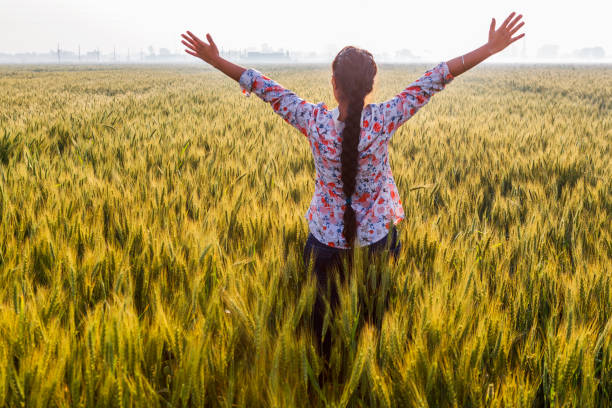 istock a girl with stretched arms in wheat field 686632198