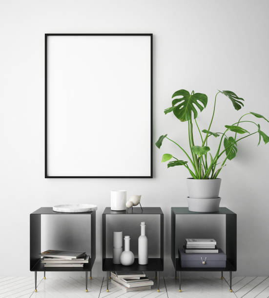 istock mock up poster frame in hipster interior background, scandinavian style, 3D render 686646226