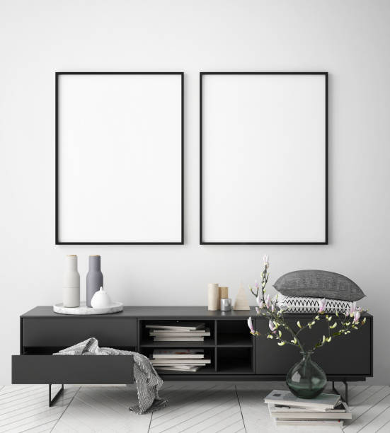 istock mock up poster frame in hipster interior background, scandinavian style, 3D render 686646236