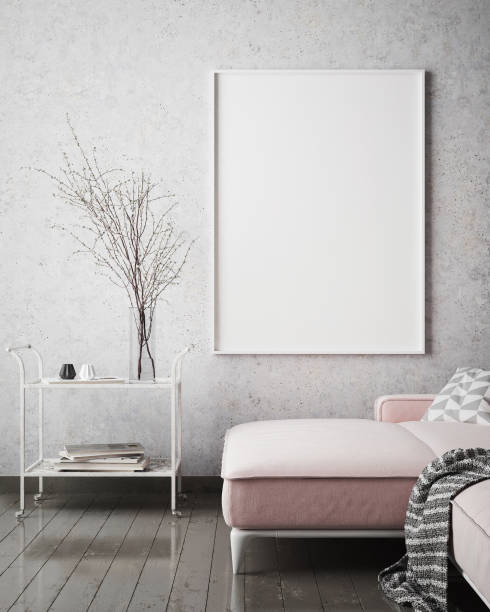 istock mock up poster frame in hipster interior background, scandinavian style, 3D render 686646320